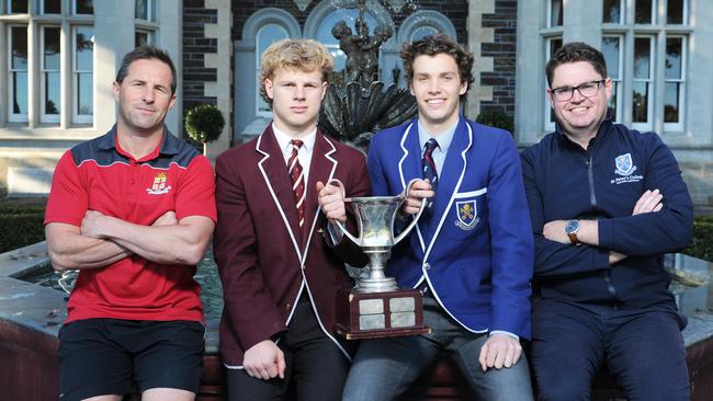 Prince Alfred coach Matt Slade and captain Harry Tunkin with St Peter's coach Sam Elliott and captain Morgan Ferres ahead of the schools’ historic clash this Saturday. Picture: Michael Marschall