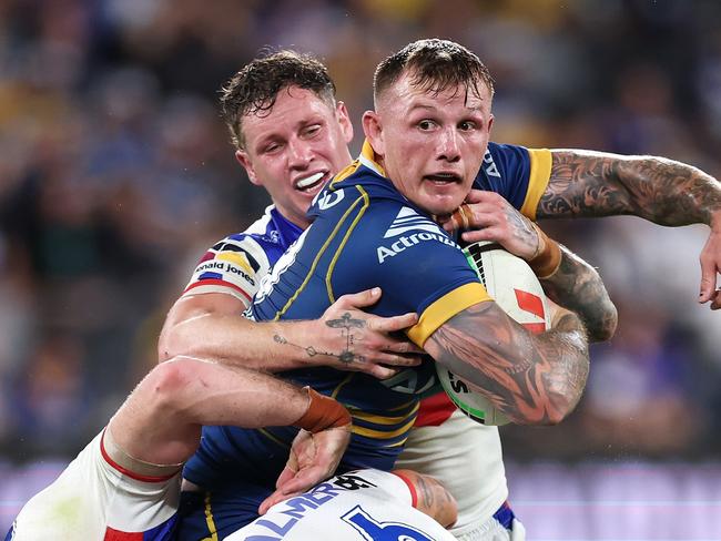 *APAC Sports Pictures of the Week - 2023, May 1* - SYDNEY, AUSTRALIA - APRIL 28: J'maine Hopgood of the Eels looks to pass as he is tackled during the round nine NRL match between Parramatta Eels and Newcastle Knights at CommBank Stadium on April 28, 2023 in Sydney, Australia. (Photo by Mark Kolbe/Getty Images)