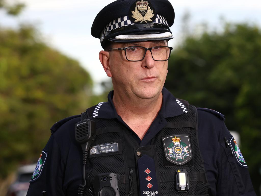 Inspector Karl Hahne speaking to media at the scene of a stabbing at Acacia Ridge. Picture: David Clark