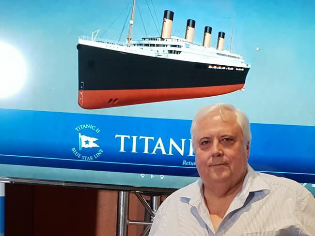 Clive Palmer hosts the media at a conference ahead of his Titanic II dinner at The Ville Resort Casino in Townsville on Friday.