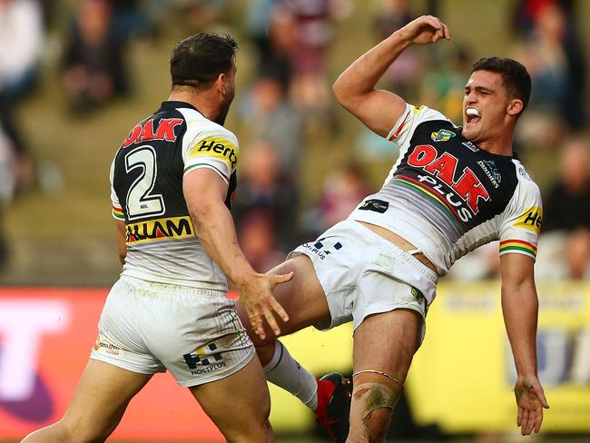 SYDNEY, AUSTRALIA - JULY 28:  Nathan Cleary of the Panthers celebrates scoring a try during the round 20 NRL match between the Manly Sea Eagles and the Penrith Panthers at Lottoland on July 28, 2018 in Sydney, Australia.  (Photo by Matt Blyth/Getty Images)