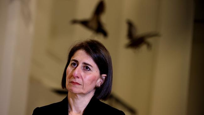 NSW Premier Gladys Berejiklian shows the strain of trying to duck yet another scandal on Thursday. Picture: Dylan Coker