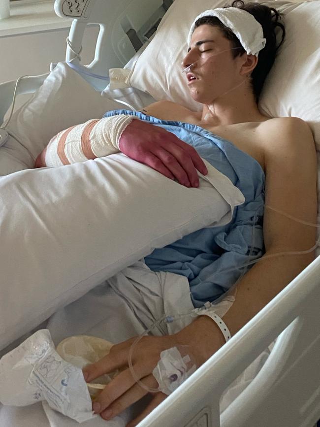 Shay Linke in hospital as he recovered from surgery. Picture: Supplied