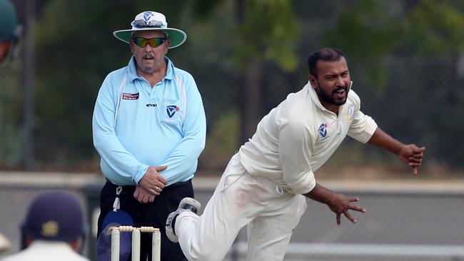 March 9, VSDCA: Bayswater v Noble Park Noble Park bowler Issy Perera.Picture: Stuart Milligan