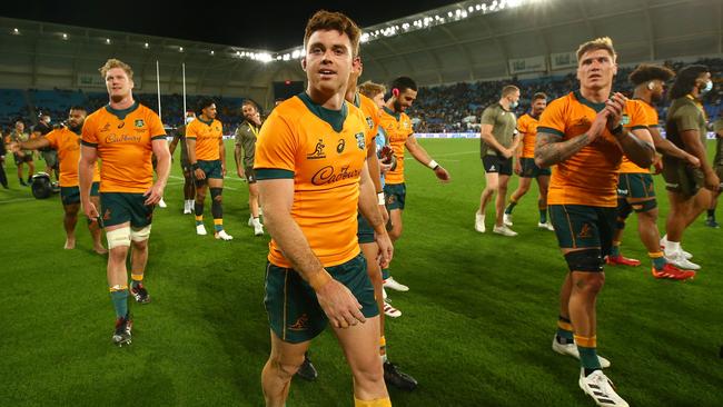 Wallabies players applaud fans after beating Argentina at Cbus Super Stadium in Robina on Saturday. (Photo by Jono Searle/Getty Images)