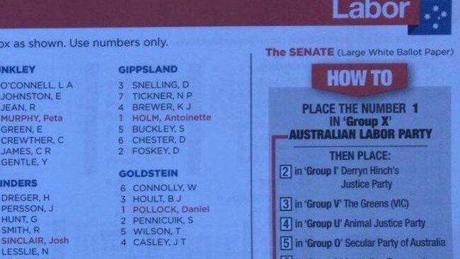 Labor's statewide how-to-vote card shows John Tiger Casley has fourth preference in the seat of Goldstein.