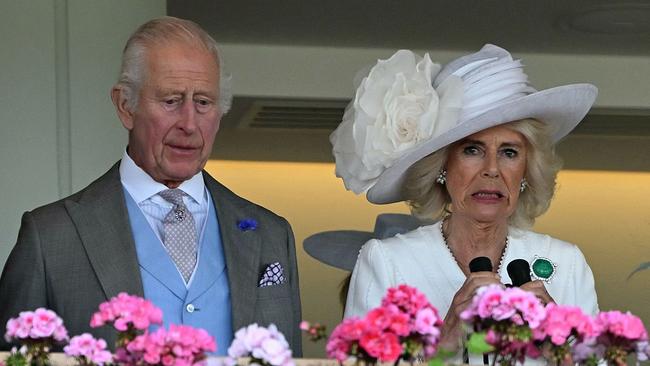 Britain's King Charles III and Queen Camilla watch on during Gilded Water’s unsuccessful attempt to win The King George V Stakes at Royal Ascot in June. Picture: AFP