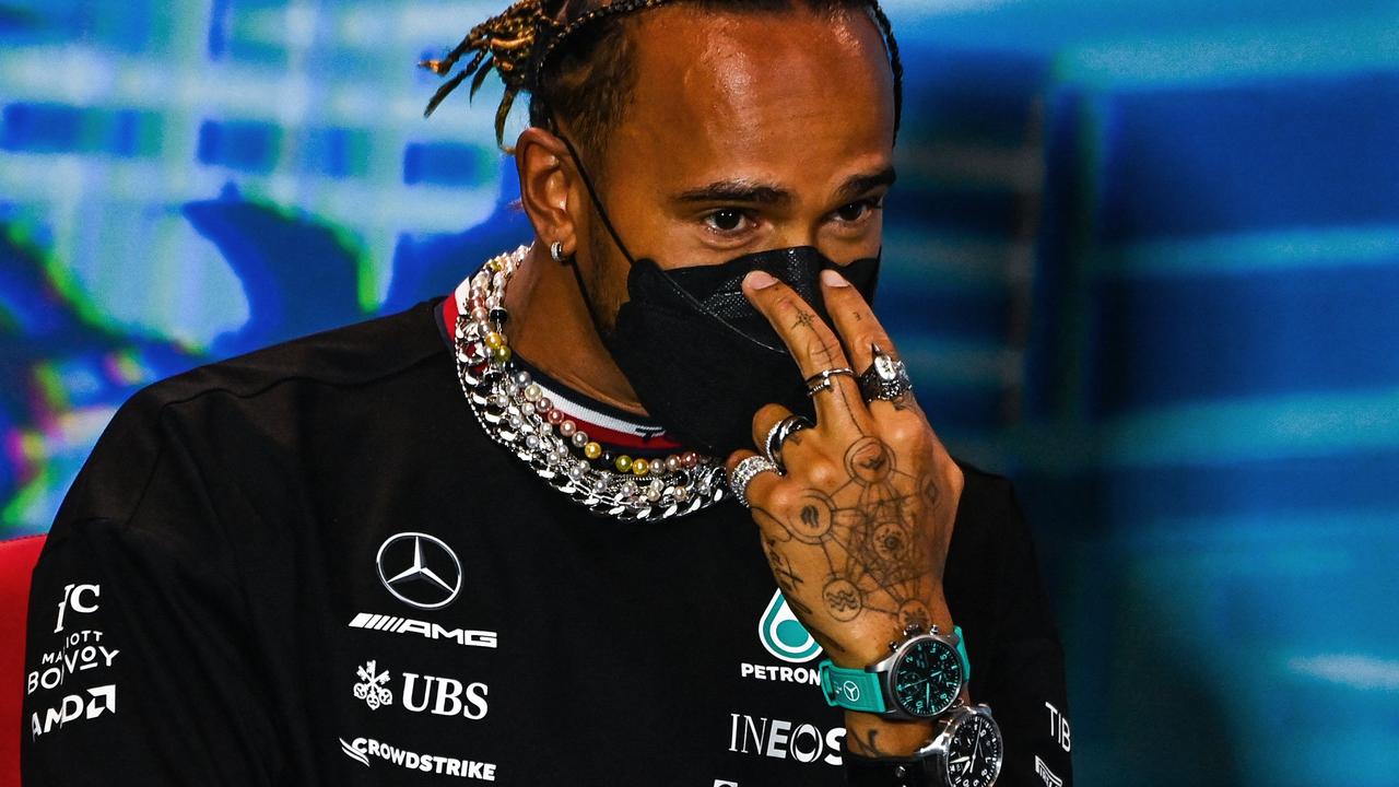 Mercedes' British driver Lewis Hamilton attends the press conference for the first practice at the Miami International Autodrome for the Miami Formula One Grand Prix, in Miami Gardens, Florida, on May 6, 2022. (Photo by CHANDAN KHANNA / AFP)