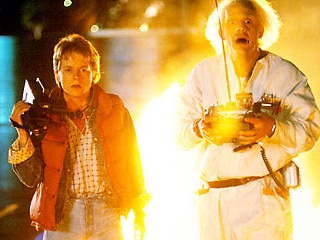 Michael J. Fox and Christopher Lloyd in a scene from Back to the Future.