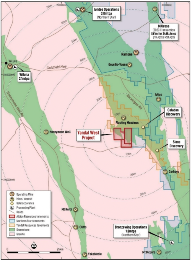 The Yandal West Project on the Yandal Greenstone Belt and major gold mines and discoveries and nearby operating companies. Pic: ALB