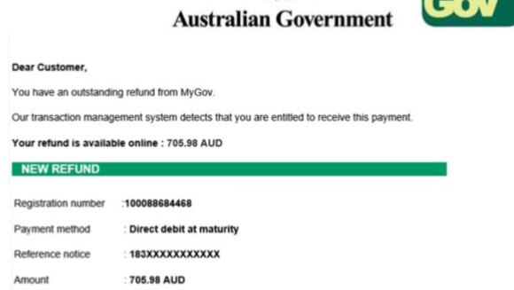 Scam email claiming to be from MyGov.