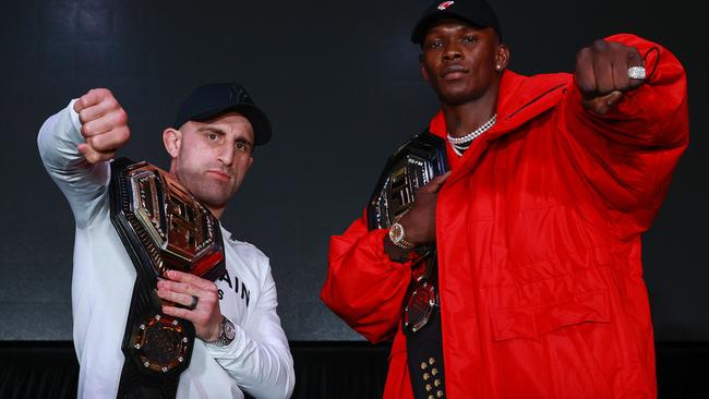 Alex Volkanovski and Israel Adesanya in Sydney on Tuesday. Picture: Justin Llyod