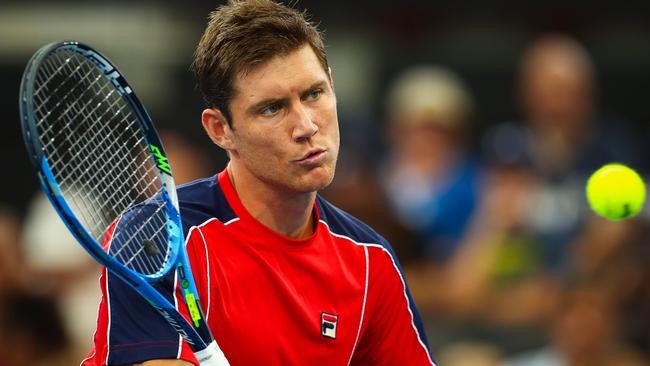 Matt Ebden in action against Frances Tiafoe at the Brisbane International.