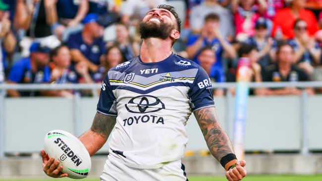 Kyle Feldt scores to become the Cowboys' all-time leading tryscorer. Picture: NRL Photos