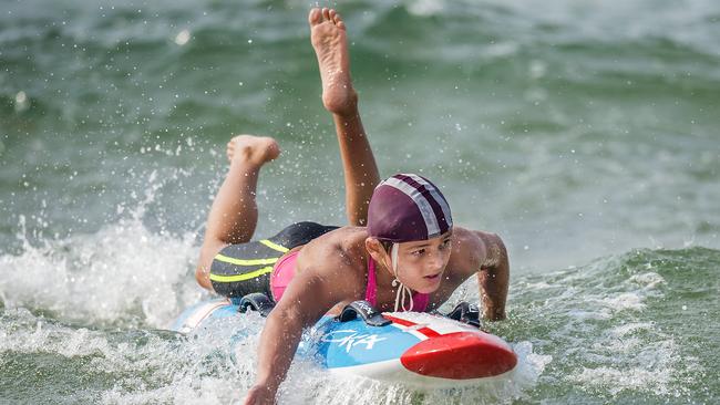 Hayden McGregor, of Wamberal, in action during the under-11 boys board during the Surf Life Saving Central Coast junior branch carnival at Copacabana Beach. Picture: Troy Snook