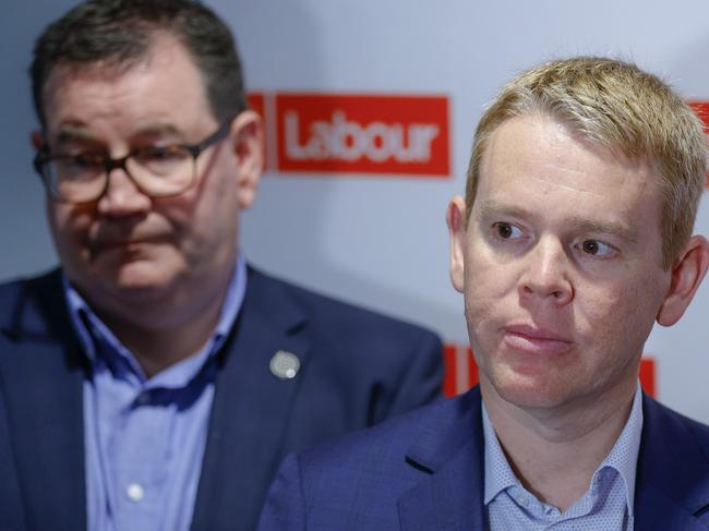 WELLINGTON, NEW ZEALAND - MAY 27: Prime Minister Chris Hipkins (R) and Minister Grant Robertson look on during Labour Party Congress at Te Papa on May 27, 2023 in Wellington, New Zealand. Labour held its annual conference in Wellington ahead of a busy campaigning season, with national elections due later this year. (Photo by Hagen Hopkins/Getty Images)