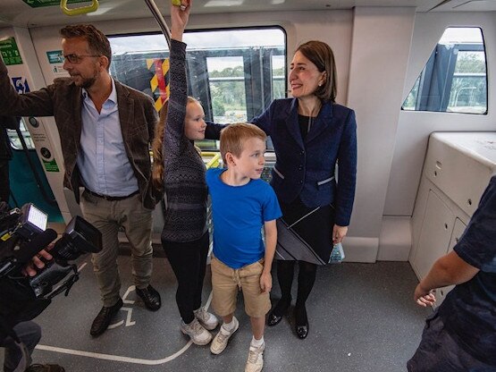 Premier Gladys Berejiklian, Transport Minister Andrew Constance and guests enjoy the first official ride. Picture: Transport for NSW