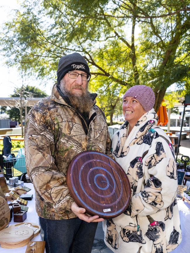 Chinchilla's Paul Varidel and DJ Young at Paul's Wax'n Oil stall at the NAIDOC arts and craft market at Grand Central, Saturday, July 9, 2022. Picture: Kevin Farmer