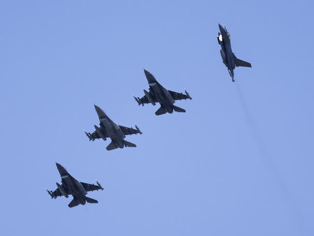 F-16 fighter jets practice prior to the Air Defender 2023 military exercises in the airspace between Schleswig and Jagel in northern Germany. Picture: Getty Images