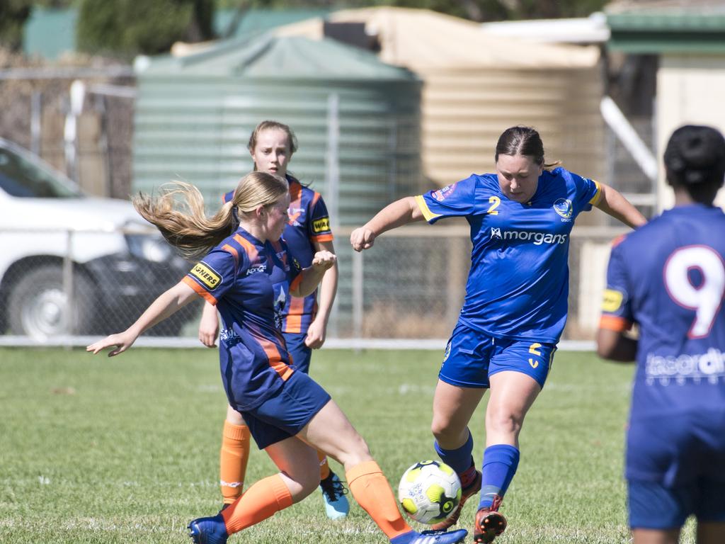 Hannah Lee, Hawks and Taylor Reeves, USQ. USQFC vs Hawks Ladyhawks, 2020 TFL  Premier Ladies. Sunday, 8th Mar, 2020.