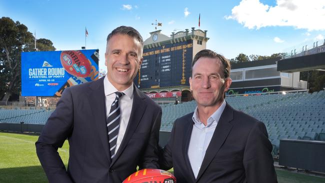 Premier Peter Malinauskas and Andrew Dillon announcing the dates for the 2025 AFL Gather Round. Picture: Dean Martin