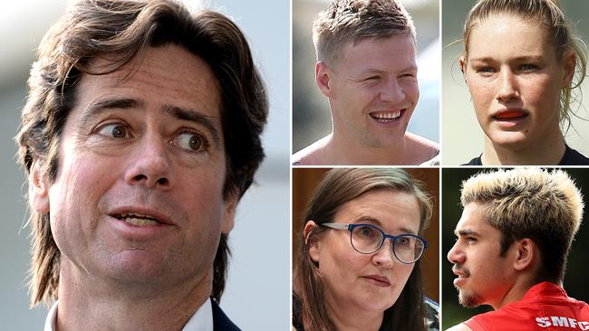 AFL boss Gillon McLachlan (left) with (clockwise from top left) Jordan de Goey, Tayla Harris, Elijah Taylor and Kate Jenkins.