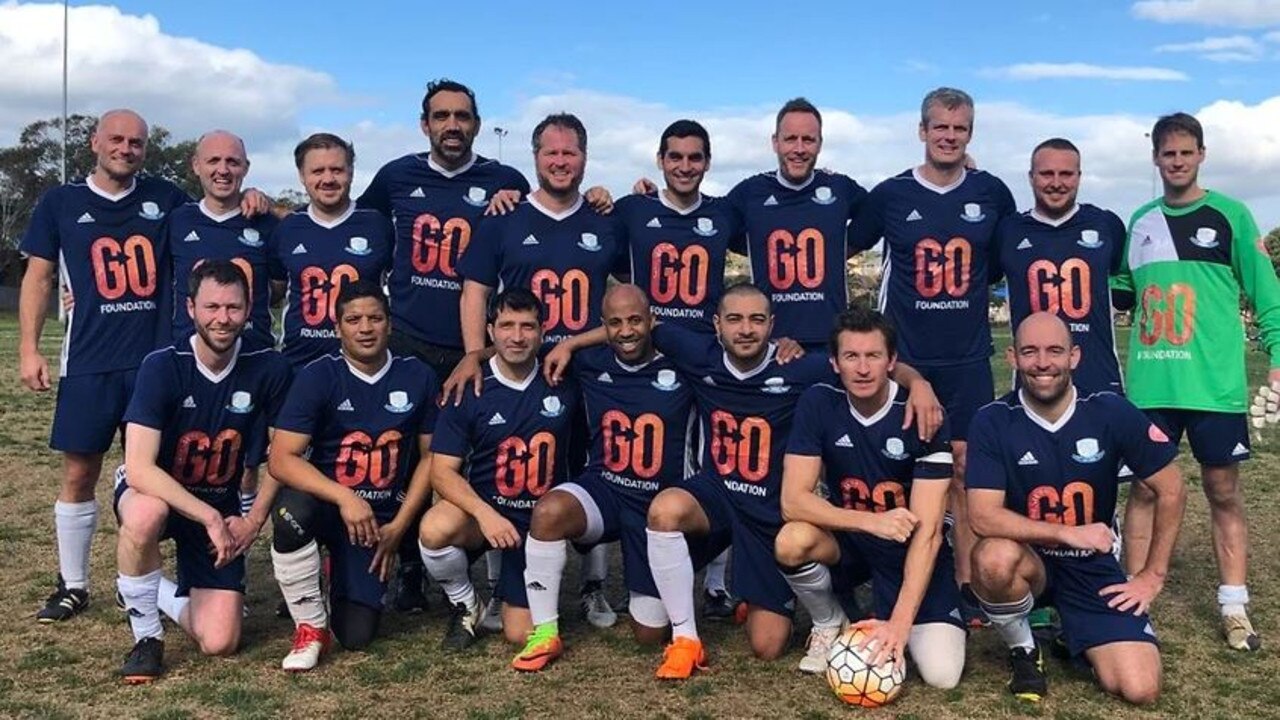 Adam Goodes (top, fourth from left) with the Waverley Old Boys FC over-35s side.