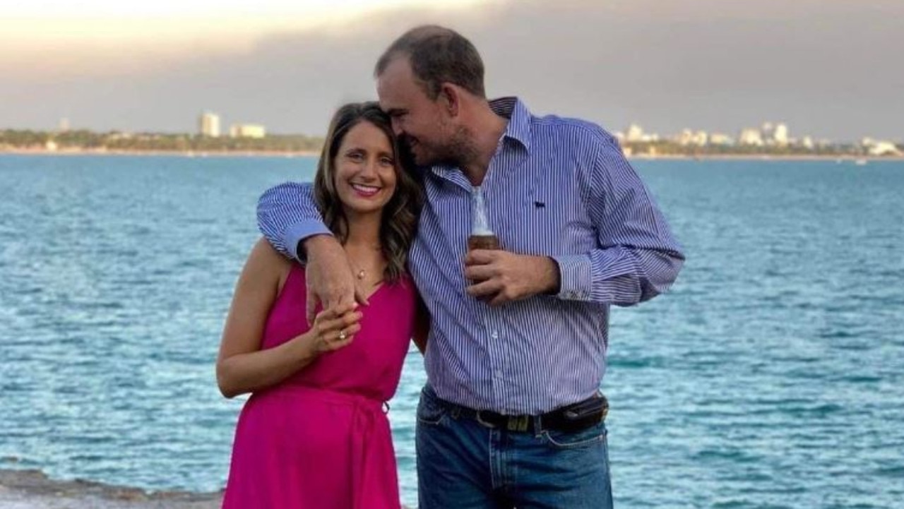 Chris ‘Willow’ Wilson with his wife Danielle. Ms Wilson is now suing Helibrook, the company owned by Outback Wrangler star Matt Wright and the Civil Aviation Safety Authority (CASA) following her husband’s death. Picture: Supplied