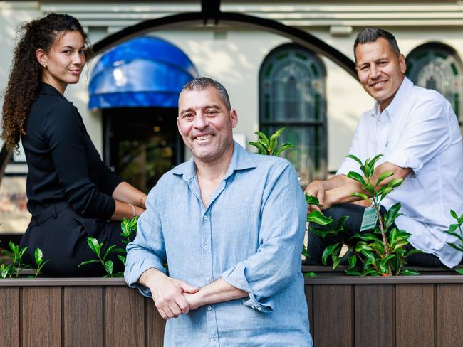 Ex footballer Paul Dimattina, owner of Lamaros Hotel, with restaurant manager Sara Montano and venue manager Adam Pittitto. Picture: Aaron Francis