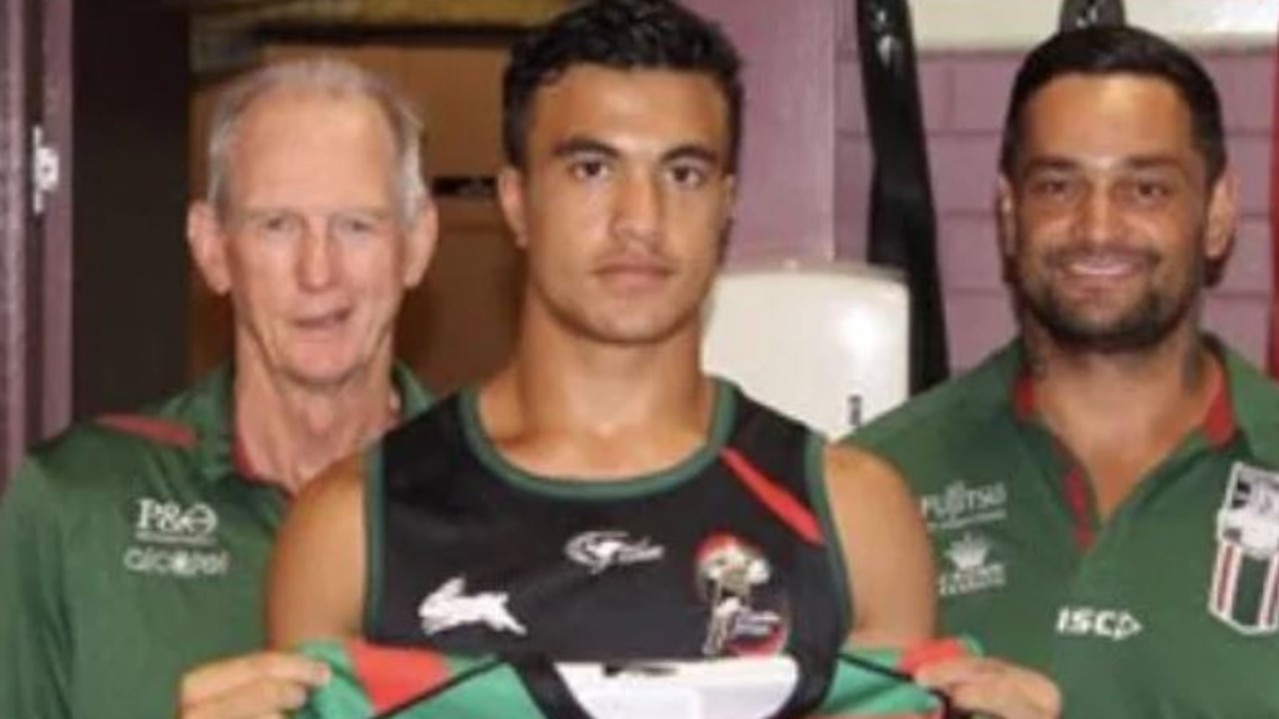 Joseph Suaalii with Wayne Bennett and John Sutton after signing with the Rabbitohs.
