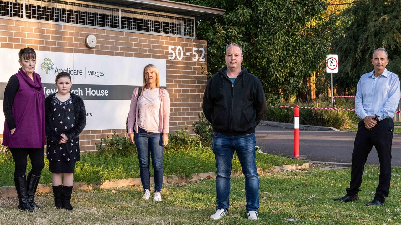 Family members of Newmarch House residents Liz and Samantha Lane, Simone Breia, Anthony Bowe and Charlie Breia outside the nursing home on Tuesday, May 5. Nearly 20 people died as a result of the outbreak at the nursing home. Picture: Monique Harmer