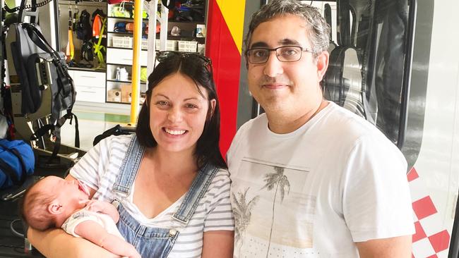 Tess and Iri Sahgal visit the Westpac Rescue Helicopter’s Lismore headquarters to thank the team for helping them while Mrs Sahgal was pregnant with daughter Aria Rose Sahgal.