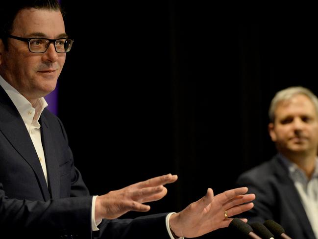 Victorian Premier Daniel Andrews at his daily coronavirus update with the state's Chief Health Officer Brett Sutton looking on. Picture: NCA NewsWire / Andrew Henshaw