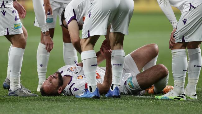 Perth’s Ivan Franjic lays injured after scoring in the Glory’s 3-1 win over Western Sydney Wanderers. Picture: Mark Metcalfe/Getty Images