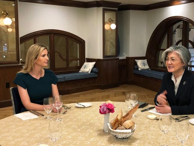 South Korea's Foreign Minister Kang Kyung-wha meets Ivanka Trump in Washington on March 15, 2018. Picture: AAP Image/Yonhap News Agency