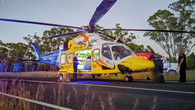 Three adults were injured while a child has died in a crash between a truck and 4WD on the Carnarvon Hwy. Picture: LifeFlight