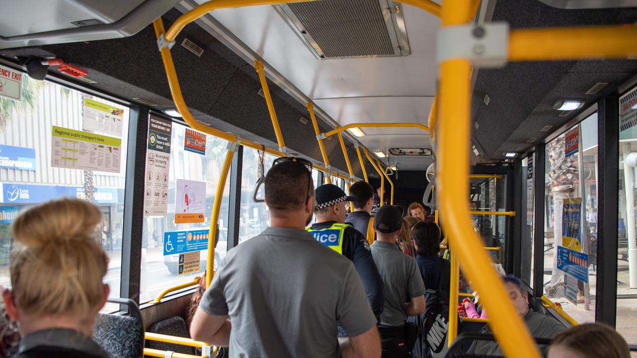 28-11-2023 Geelong Police and Public Transport Victoria officers conduct Operation BANDIT at Geelong bus exchange targeting anti-social behaviour and fare evasion. Picture: Brad Fleet