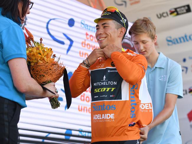 Caleb Ewan wears the leader’s Ochre jersey at the 2018 Tour Down Under. Picture: AAP