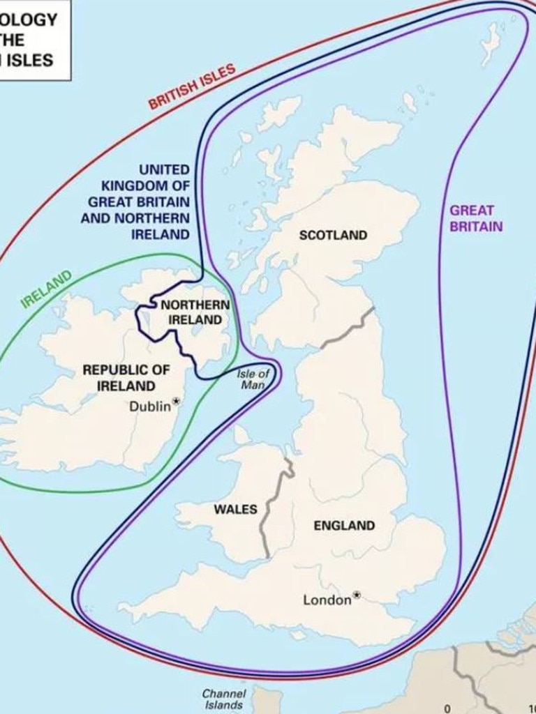 The map shows what parts should be referred to as the United Kingdom and Great Britain. Picture: Encyclopaedia Brittanica