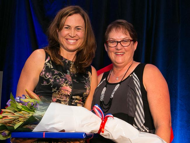 Netball NSW President Wendy Archer with Hall of Fame inductee Alison Broadbent at the 2015 Netball NSW State Dinner. Picture: Narelle Spangher/ Netball NSW.