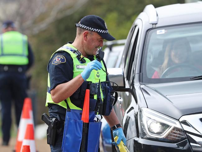 Tasmania Police performing roadside checks and alcohol and drug testing at Richmond. Picture: LUKE BOWDEN  Check with ed before using as generic pic. Police / Tasmania Police / Road saftey / road block / police checks / file / generic / rural roads / RBT / Random breath test / speeding /