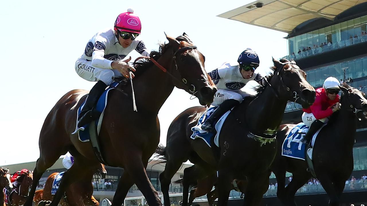 Within The Law (left) leads home a Darby Racing quinella ahead of Cobra Club in the Inglis Nursery at Randwick. Picture: Getty Images