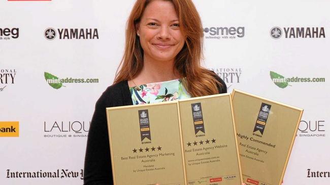 Unique Estates company director Nicolette van Wijngaarden received awards for best real estate agency marketing in Australia and best real estate agency website in Australia at the prestigious Asia Pacific Property Awards in Kuala Lumpur. Picture: Contributed