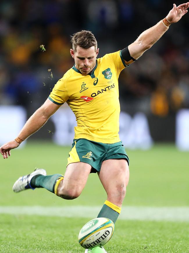 Bernard Foley of the Wallabies kicks at goal at Bankwest Stadium.