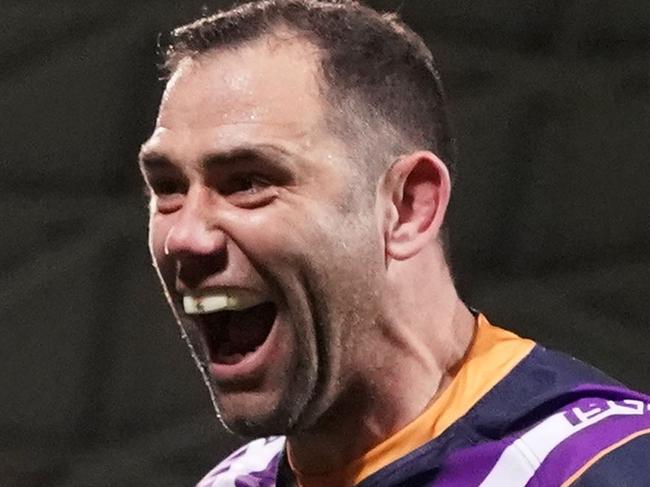 Ryan Papenhuyzen (unseen) of the Melbourne Storm is congratulated by Cameron Smith after scoring a try during the second NRL Semi Final match between the Melbourne Storm and the Parramatta Eels at AAMI Park in Melbourne, Saturday, September 21, 2019.  (AAP Image/Scott Barbour) NO ARCHIVING, EDITORIAL USE ONLY