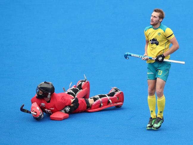 Daniel Beale celebrates a goal during the FIH Pro League match against New Zealand last month. Picture: Getty Images