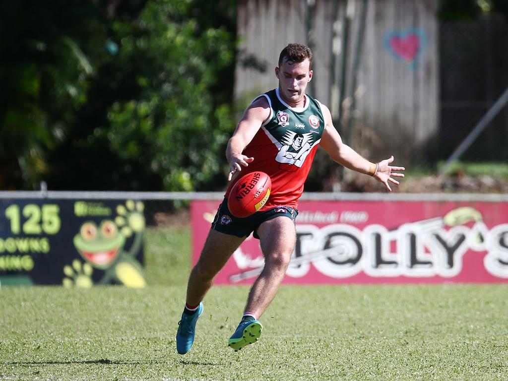 Cutters' Tim Arnel kicks in the AFL Cairns Premiership men's match between the South Cairns Cutters and the Port Douglas Crocs, held at Fretwell Park, Bentley Park. Picture: Brendan Radke