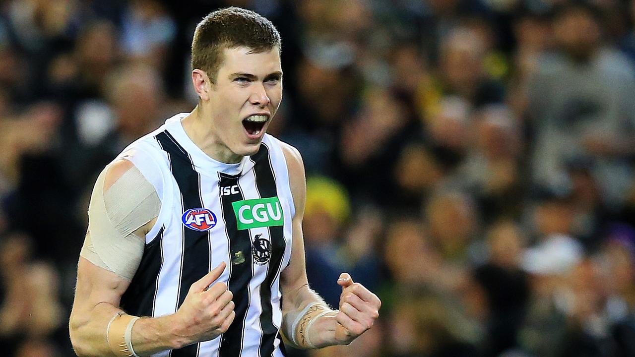 Mason Cox celebrates one of his three goals against Richmond.