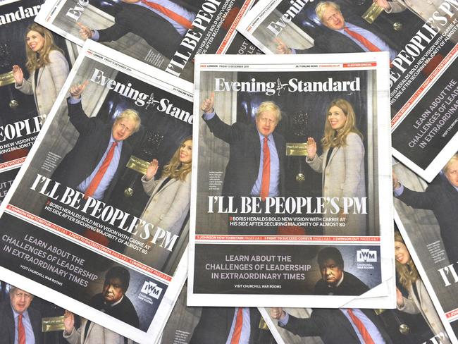 London Evening Standard newspapers shows the front page reporting on the election victory of Prime Minister Boris Johnson's Conservative Party in the general election. Picture: AP