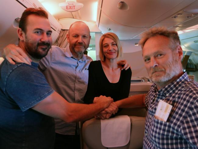 The 60 Minutes crew on their way home to Australia ... Ben Williamson, Stephen Rice, Tara Brown and David Ballment / Picture: Liam Kidston.